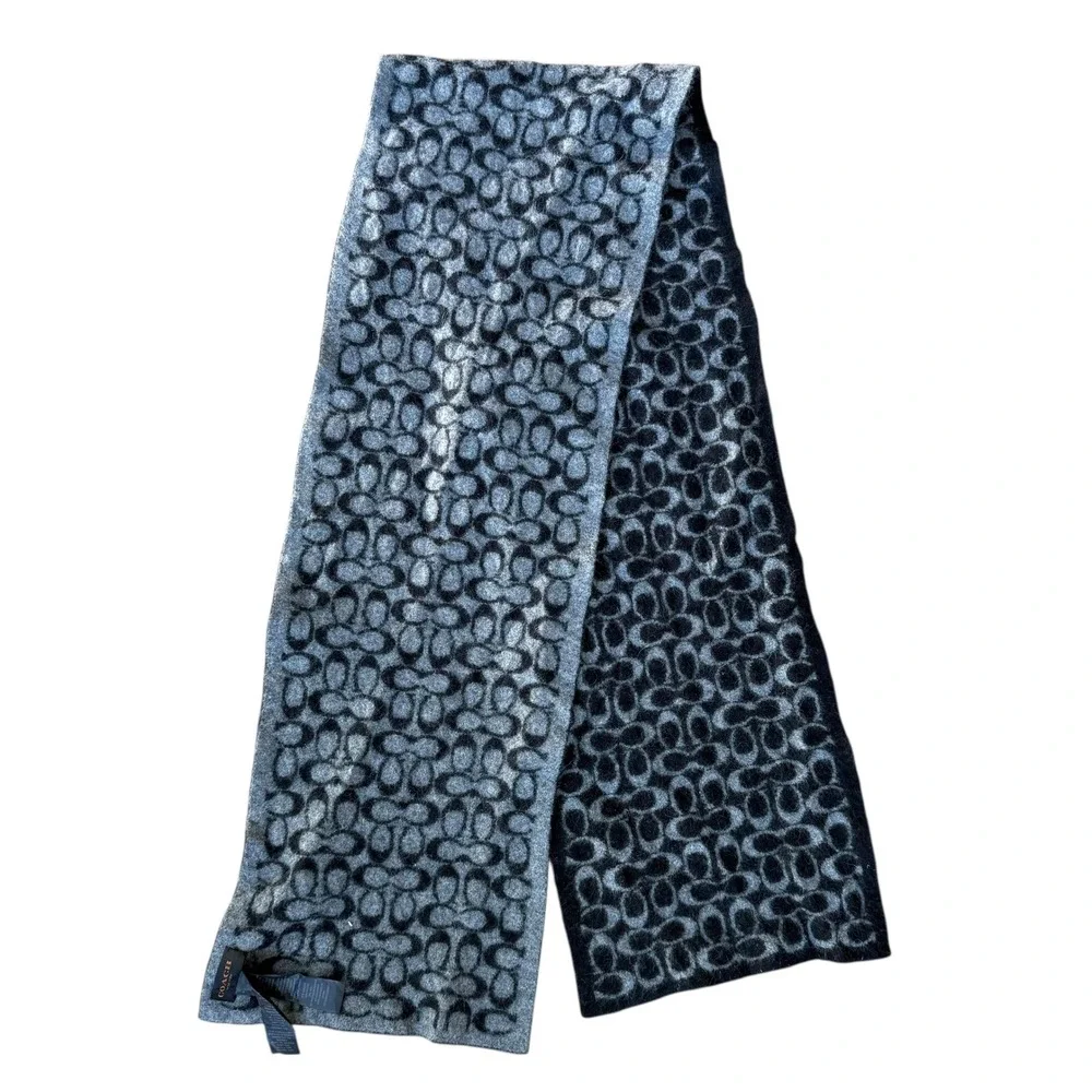Coach‎ Signature Logo Scarf Oblong Gray Black Angora Rabbit Hair Cashmere Wool